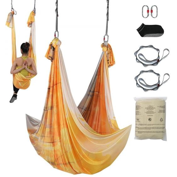 Yoga balançoire aérienne set de hamacs 5 x 2,8 m - Golden Aerial Yoga Swing flottant - Yoga hamac balançoire 1000 kg Max. Capacité de charge - Chaussettes de yoga & mousquetons en acier inclus - Exercices anti-gravité.