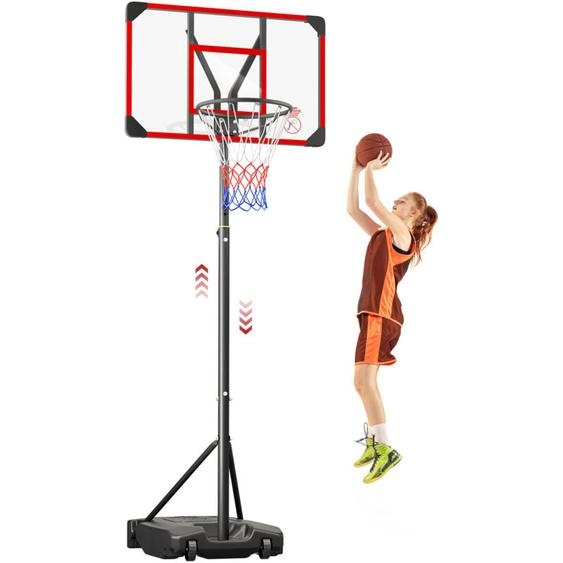 Yoleo - Panier de Basket Ball sur Pied Portable Hauteur Réglable 147-260cm,avec Roulettes,Exterieur Interieur pour Enfants/Adultes - Rouge