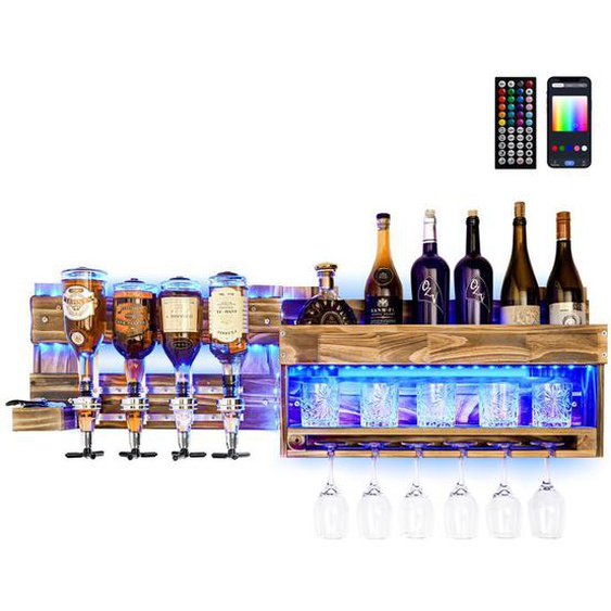 Yorbay Casier à Bouteilles Mural avec Éclairage LED, Étagère à Vin avec Distributeurs de Boissons, Porte-Bouteilles et Porte-Verres