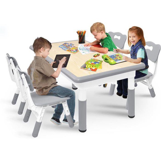YUENFONG Table pour enfant avec 4 chaises, ensemble de sièges réglables en hauteur, pour enfants à partir de 2 ans. gris