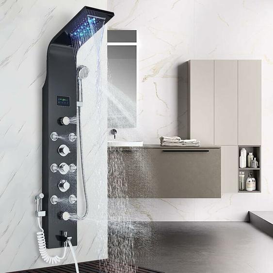 Zamery - Colonne de Douche Hydromassante Noir led Acier Inox pour Salle de Bain avec 2 Grandes Buses Massants et 6 Micro jets de Massage avec Écran