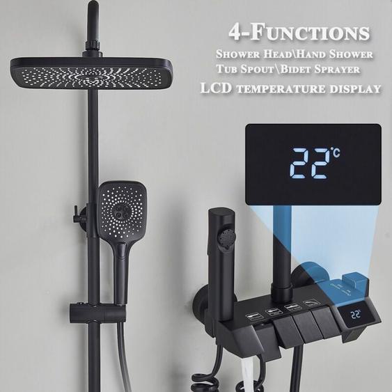 Noir Colonne de Douche avec 4 Fonctions avec lcd Affichage Température dEau- Ensemble de Douche Montage Mural Système de Douche avec 29cm 19cm Tête