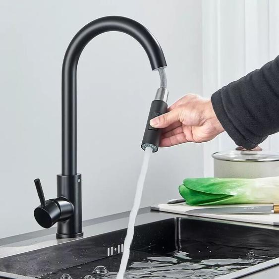 Zamery - Robinet Cuisine Noir avec Douchette Extensible Rotation 360° Robinetterie à Ressort - Mitigeur Cuisine avec 2 Modes de Pulvérisation