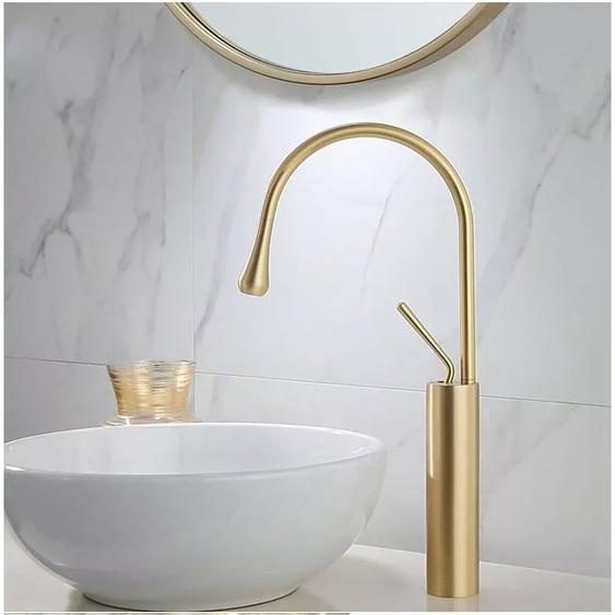 Zamery - Robinet de Lavabo Cascade doré brossé, Robinet Salle de Bain avec Eau Froide & Chaude Disponible, Haut Cascade de Mitigeur Lavabo, doré