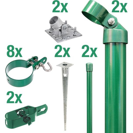Alberts 600846 Kit de raccordement dun portail en treillis ondulé à une clôture en grillage, kit,2s, phosphaté zinc vert, avec douille de sol à enfoncer, Ø du poteau de portail : 76 mm, hauteur de la clôture : 10 cm
