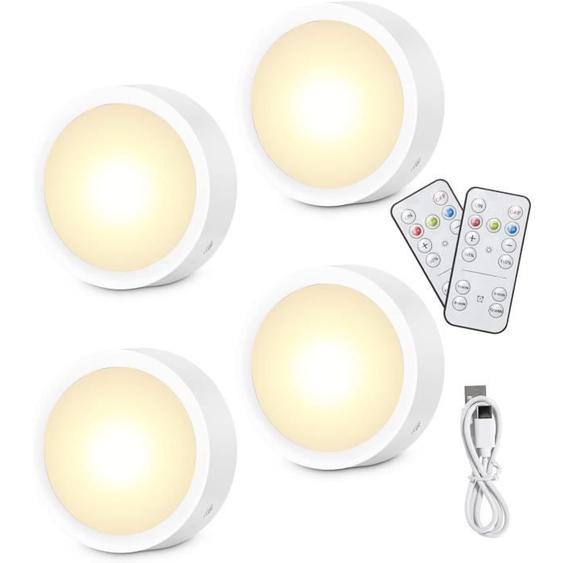 Zawaer Spot LED Rechargeable USB 4 pcs,Lampe Veilleuse Cuisine LED Sans Fil Escalier Placard,3 Couleurs Dimmable,5 Niveaux de Lum