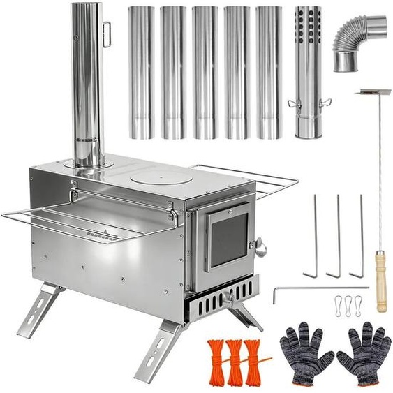 Zeltofen – Four à bois pour camping – Portable – Acier inoxydable argenté – Pliable – Livré avec 210 cm de tuyaux de cheminée – Pour bois et charbon – Idéal pour le chauffage et la cuisson en extérieur
