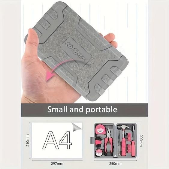 ZELURXX Kit doutils 13 pièces pour la maison, compact et pratique, adapté à lentretien de la maison, du jardin et du bureau, coffre à outils, 20 x 12,5 x 4,5 cm, rose