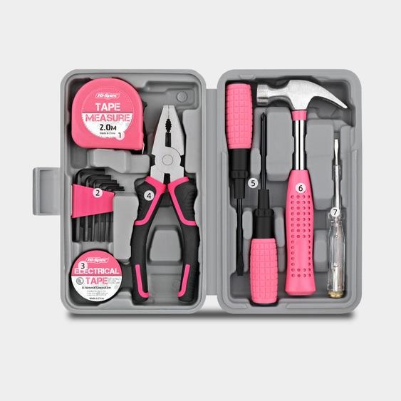 ZELURXX Kit doutils 13 pièces pour la maison, compact et pratique, adapté à lentretien de la maison, du jardin et du bureau, coffre à outils, 20 x 12,5 x 4,5 cm, rose