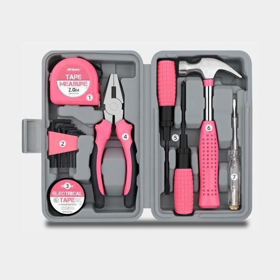 ZELURXX Kit doutils 13 pièces pour la maison, compact et pratique, adapté à lentretien de la maison, du jardin et du bureau, coffre à outils, 20 x 12,5 x 4,5 cm, rose