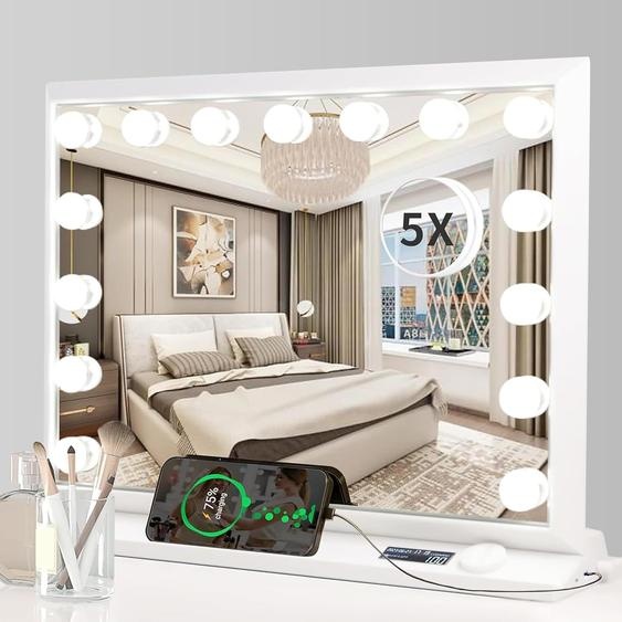 ZELURXX Miroir, avec éclairage, type C et port de chargement USB, avec écran et 15 lampes à intensité variable, 3 modes déclairage LED, miroir de maquillage, blanc, 58 x 48 cm