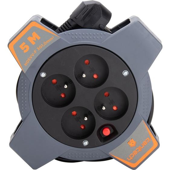Zenitech Enrouleur compact multiprise 4 prises secteur 16A avec coupe circuit - Câble de 5 m - Noir