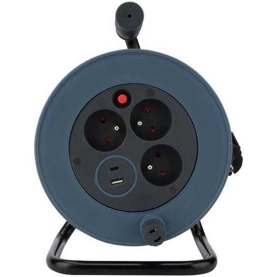Zenitech Enrouleur multiprise 3 prises secteur 16A + 1 prise USB-A + USB-C - Coupe circuit - Câble de 12 m - Noir / Gris