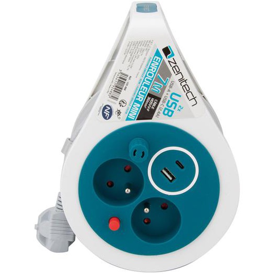Zenitech Mini enrouleurs 2 prises 16A + 2 USB - Turquoise