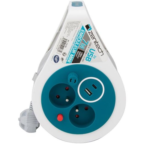 Zenitech Mini enrouleurs 2 prises 16A + 2 USB - Turquoise
