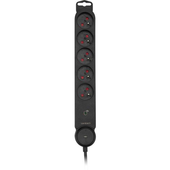 Zenitech Multiprise Bloc de 5 prises secteur en ligne IOTA - Avec interrupteur lumineux - Parafoudre - Câble de 1,4 m - Noir
