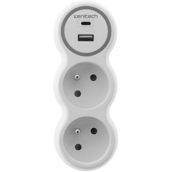 Zenitech Multiprise murale Bloc de 2 prises secteur + 1 prise Chargeur USB-A + 1 USB-C BOLEA - Biplite 16A blanche