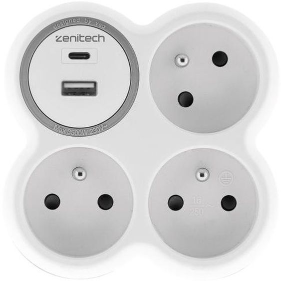 Zenitech Multiprise murale Bloc de 3 prises secteur + 1 prise Chargeur USB-A + 1 USB-C BOLEA - Triplite 16A blanche