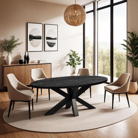 Zita Home Table de salle à manger, ovale, 240 cm, bois de manguier, noir, piétement épais, scandinave, design moderne