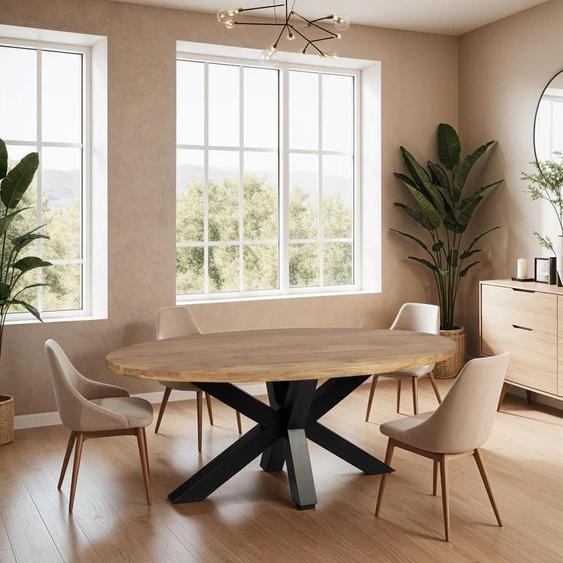 Zita Home Table de salle à manger, ovale, 260 cm, bois de manguier, naturel, piétement épais, scandinave, design moderne