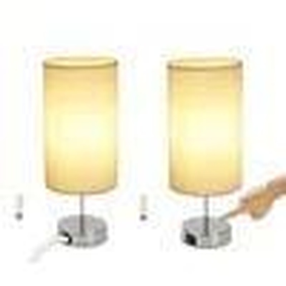 ZMH Lampe de chevet set 2 pièces Touch Blanc Vintage E27 Chrome avec fonction de recharge USB Blanc chaud Dimmable Bureau avec abat-jour en tissu pour chambre à coucher